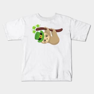 Saint Patrick's Day Sloth, Leprechaun Hat, Clovers Kids T-Shirt